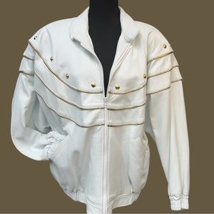 Vintage 80s Embellished White Leather Bomber Jacket